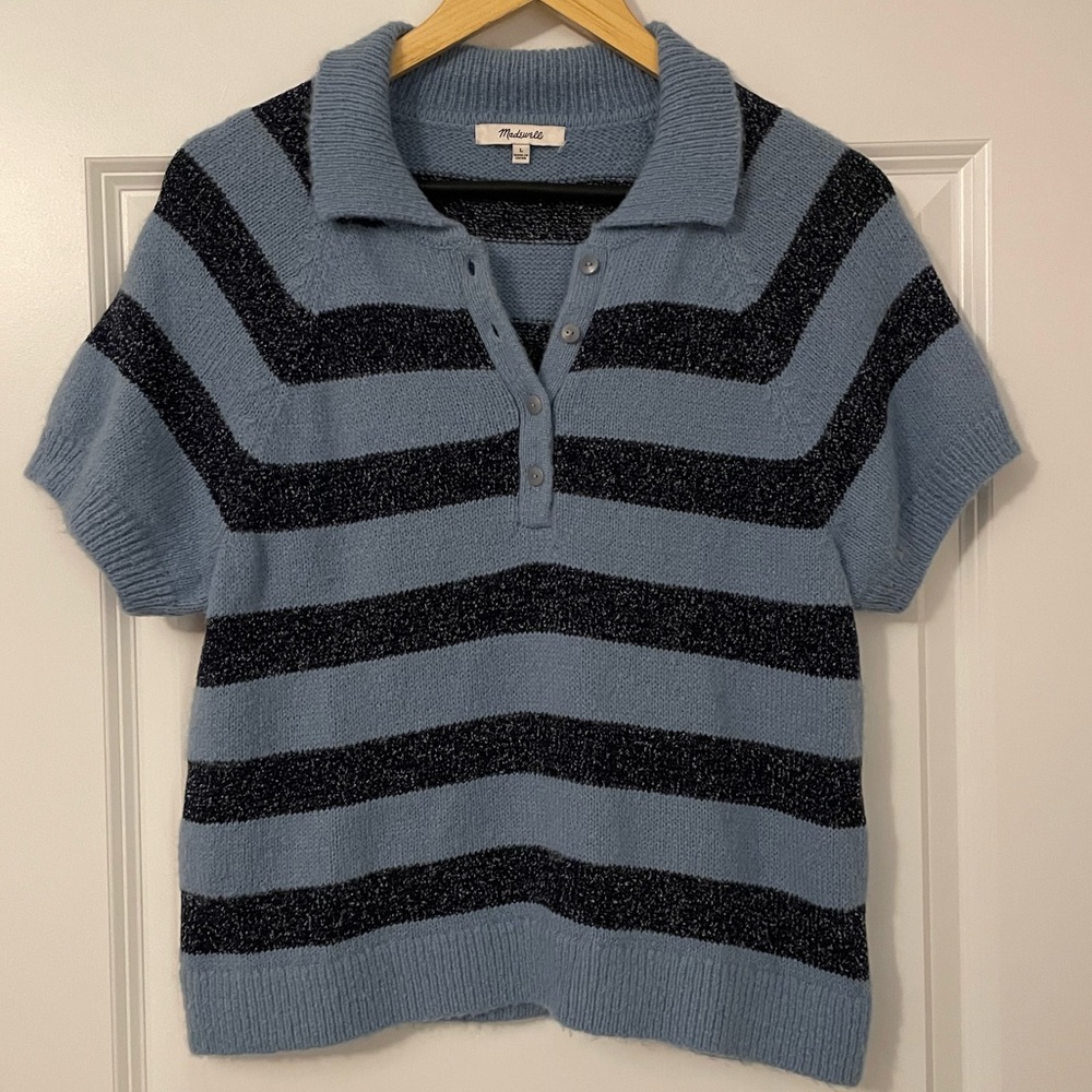 Madewell Blue and Black Striped V‑Neck Short Sleeve Sweater